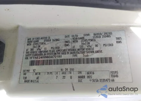 2006 Ford E-250 Commercial/Recreational z USA, uszkodzony, nr VIN 1FTNE24W96DA70180